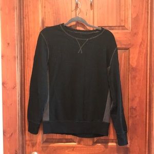 Men’s Black sweater. Gray sides with elbow patches. Medium